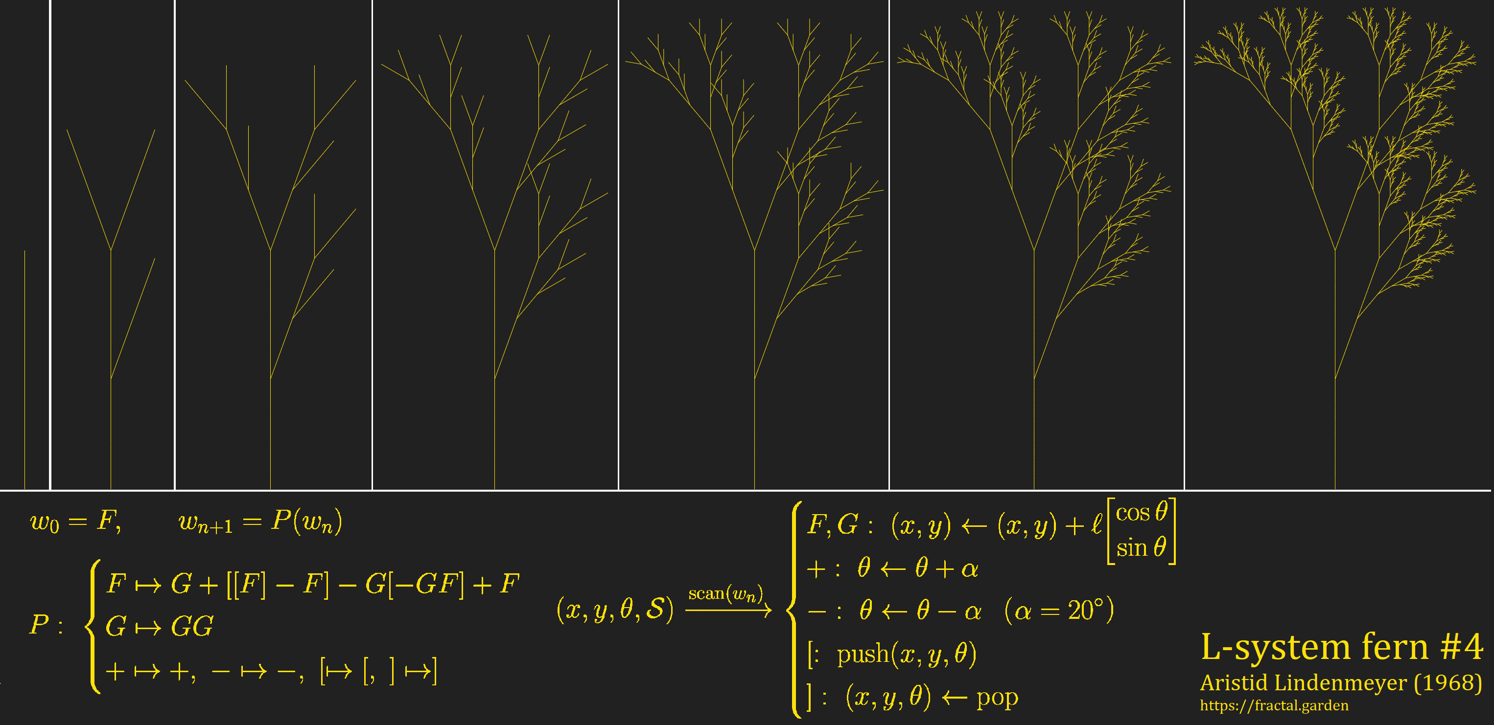 mathematical poster displaying L-fern progression over several iterations